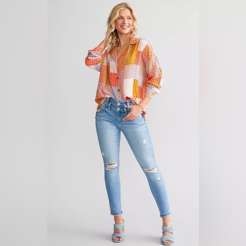Willow + Root Colorful Patchwork Button Down Top Women’s Small Short Sleeve